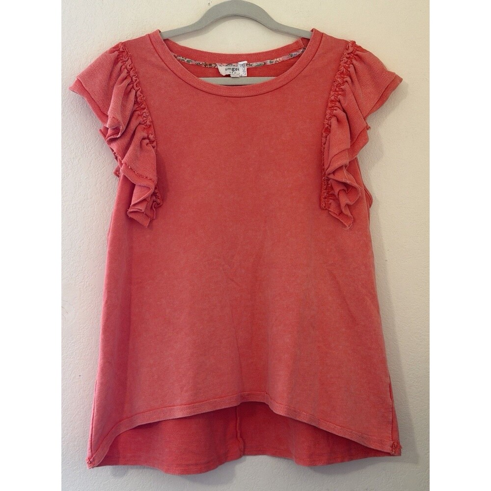 Umgee Sugar Coral Ruffle Sleeve Top Large High Low Hem Boho Cottagecore Cotton